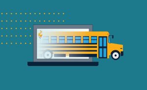 A yellow school bus partially emerging from a laptop screen.