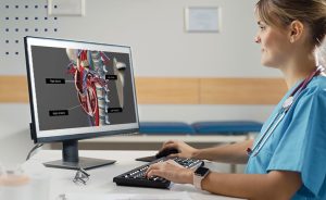 Female nurse looking at a medical image on a computer.