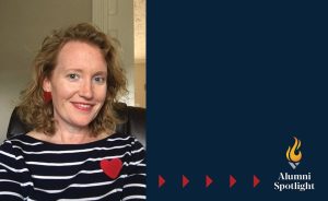Split image with a photo of Laura Maloney, ACE alum, on the left, and the text "Alumni Spotlight" with a flame icon on the right, dark blue background.