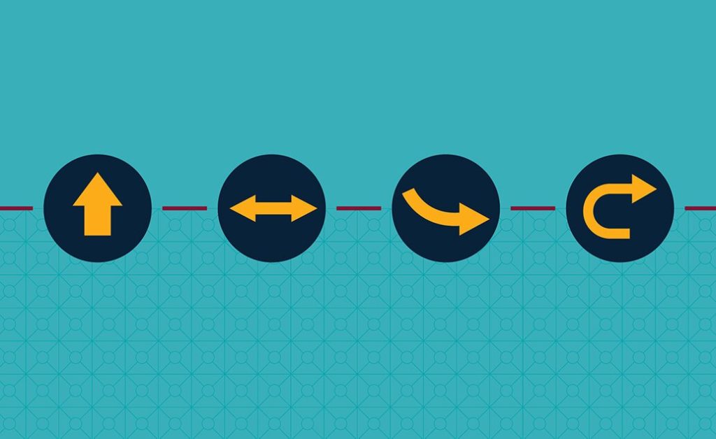 Teal graphic with four circular icons containing different colored arrows: up, left/right, curved right, and U-turn right.