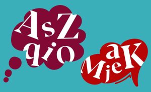 Two speech bubbles with stylized text on a teal background.