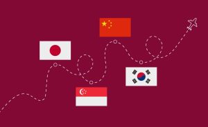 Flags of Japan, China, Singapore, and South Korea with a travel path.