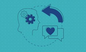 Graphic with a head outline, gears, a heart, and an arrow representing trauma-informed care