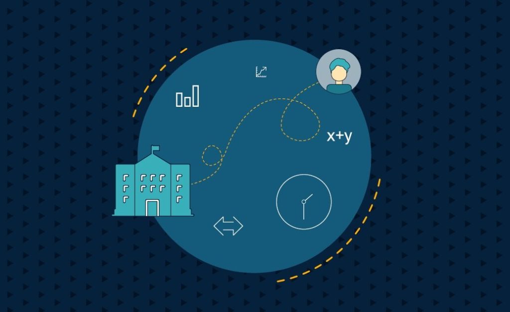 A graphic with a school building, a person icon, and various symbols on a dark blue background.
