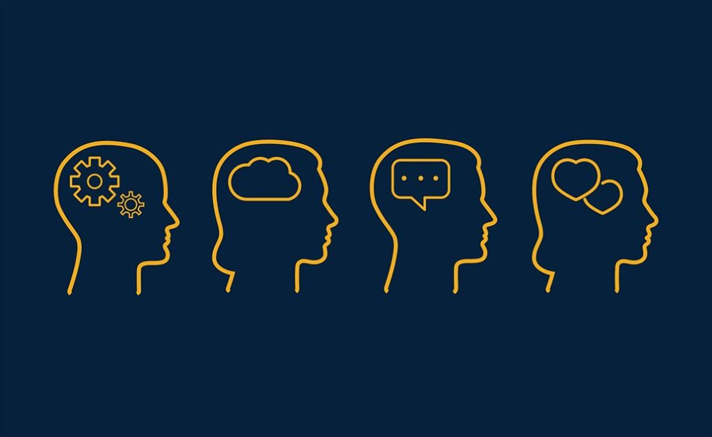 Four heads in profile, each with a different symbol inside representing thinking, ideas, communication, and emotions.
