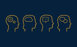Four heads in profile, each with a different symbol inside representing thinking, ideas, communication, and emotions.