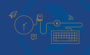 Line art illustration of online learning elements: graduation cap, clock, book, flame, keyboard, and Wi-Fi.