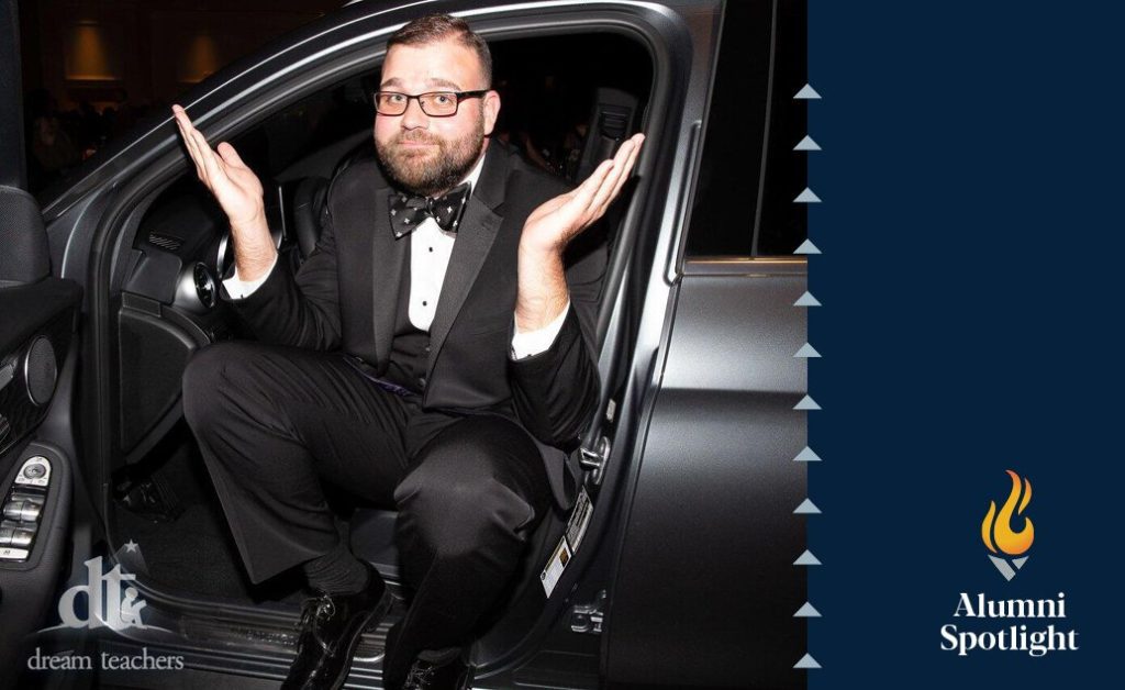 Ace alum, Spencer Kiper, sitting in the driver seat of a car, shrugging at the camera, with the text Alumni Spotlight and Dream teachers.