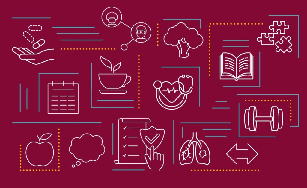 Graphic with health-related icons on a maroon background representing health education