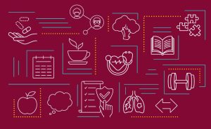 Graphic with health-related icons on a maroon background representing health education