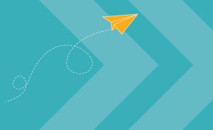 graphic of paper airplane flying through blue background.