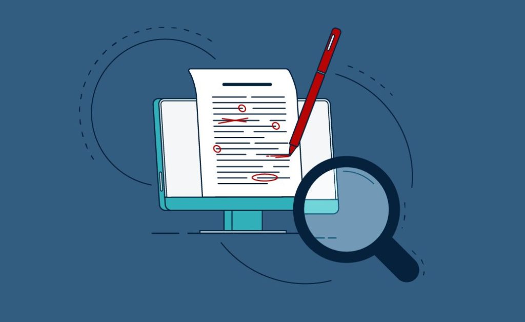 Vector illustration of a document on a computer screen being edited with a red pen, with a magnifying glass nearby.