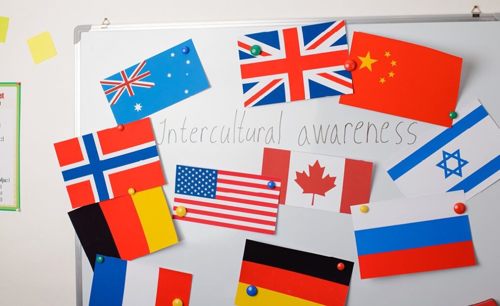 Whiteboard with flags of various countries and the words "Intercultural awareness".
