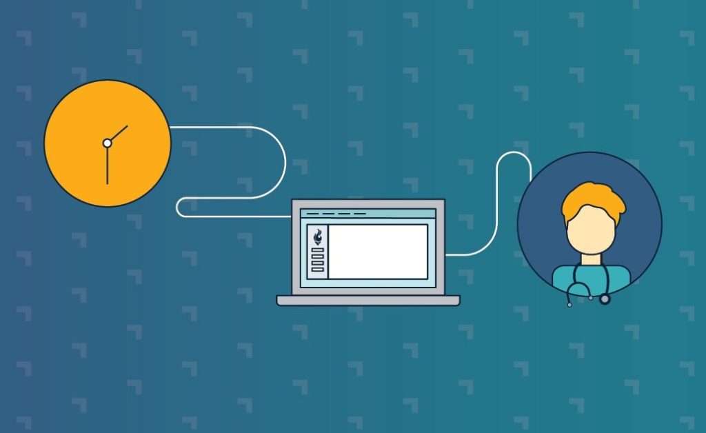 Laptop connected to a nurse and time symbol in a graphic.