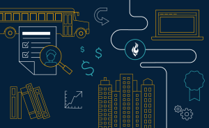 Dark blue graphic with white and yellow line art icons, including a school bus, checklist, magnifying glass, money symbols, flame, laptop, books, graph, city buildings, ribbon, and gears.
