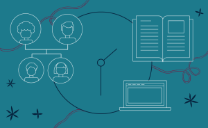 Graphic with people icons, a clock, a book, and a laptop