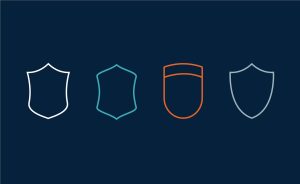 Four shield outlines on a dark background.