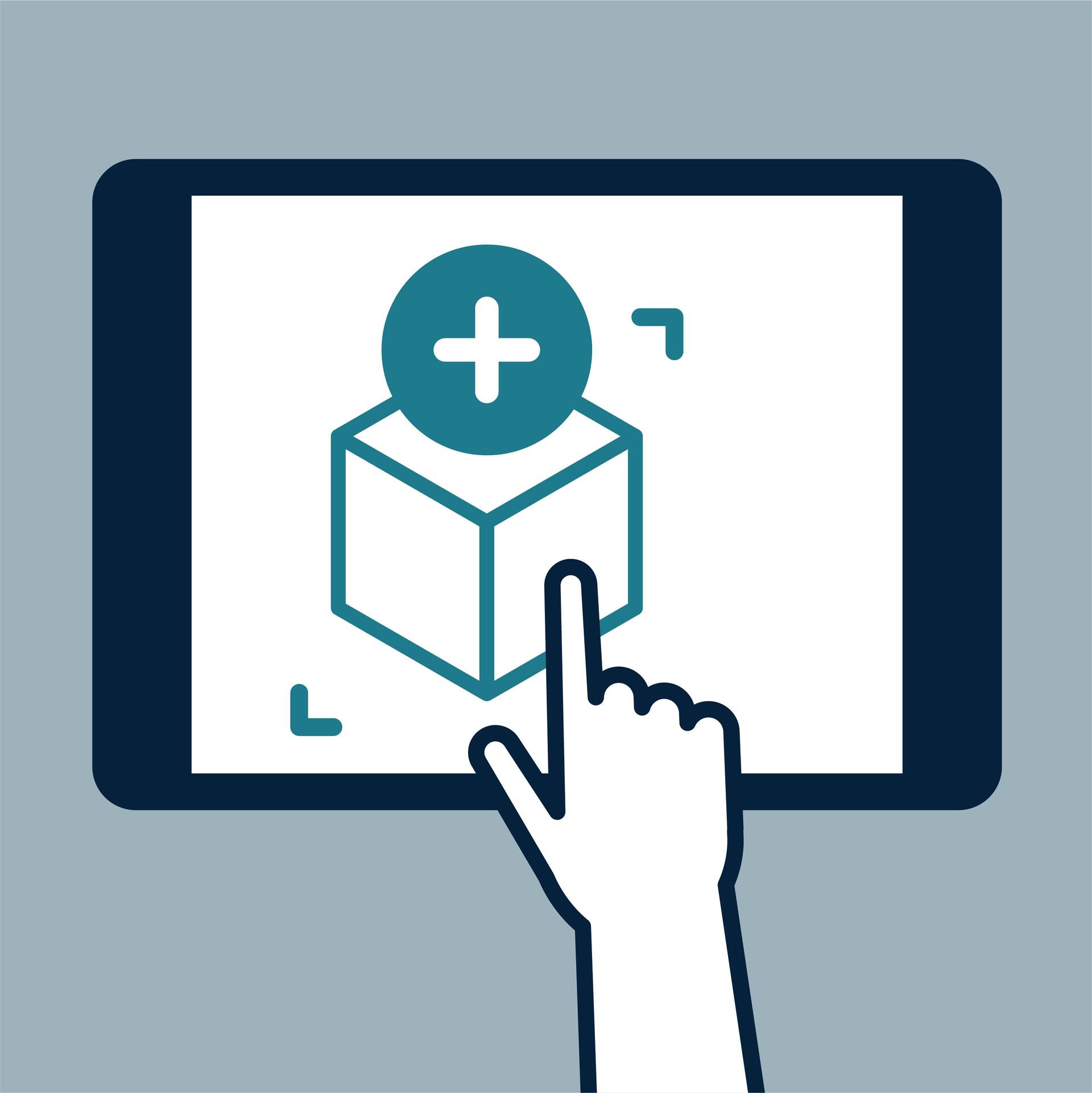 Graphic depicting a hand interacting with a plus sign and a cube on a tablet, on a gray background.