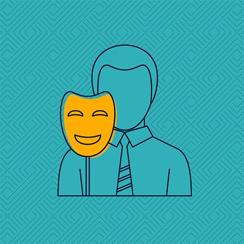 Illustration of a person holding a smiling mask in front of their face, on a patterned teal background, representing imposter syndrome