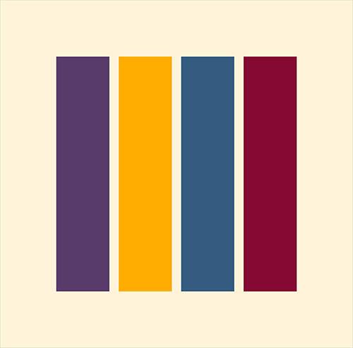 Image of four vertical bars in different colors (purple, yellow, blue, and burgundy) on a light cream background.