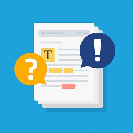 Illustration of a document with question and exclamation mark icons in speech bubbles, representing feedback or inquiry.