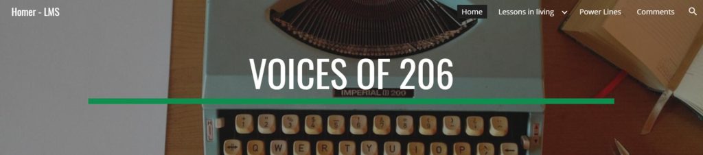 A vintage typewriter with the text "VOICES OF 206" overlayed.