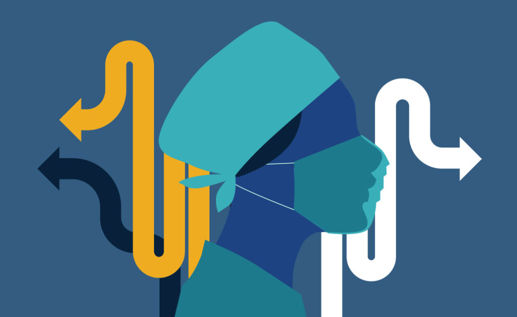 Illustration of the profile of a nurse, with arrows leading away from the profile