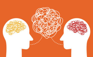 Visual representation of communication disagreements at work: Two people with tangled thoughts trying to connect.