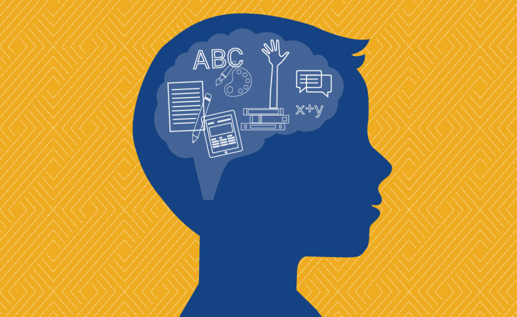 Concept of Universal Design for Learning (UDL): Represented by Child's silhouette with learning icons in the brain