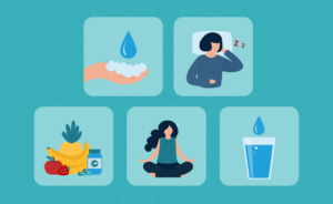 Illustration showing five wellness habits to boost the immune system: handwashing, getting sleep, eating fruits and supplements, meditating, and drinking water.