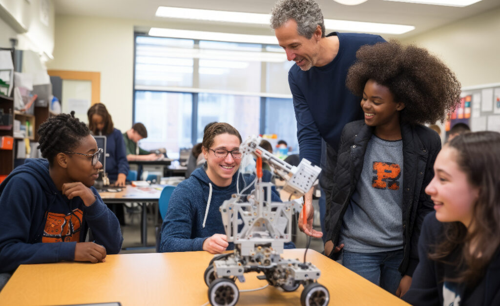 STEM teacher showing students how to build a robot in a robotics class.