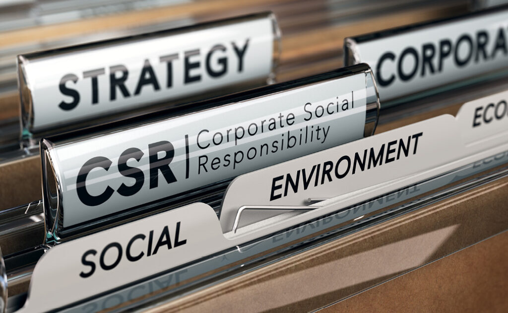 File folders with tabs labeled strategy, CSR, social, environment, and more