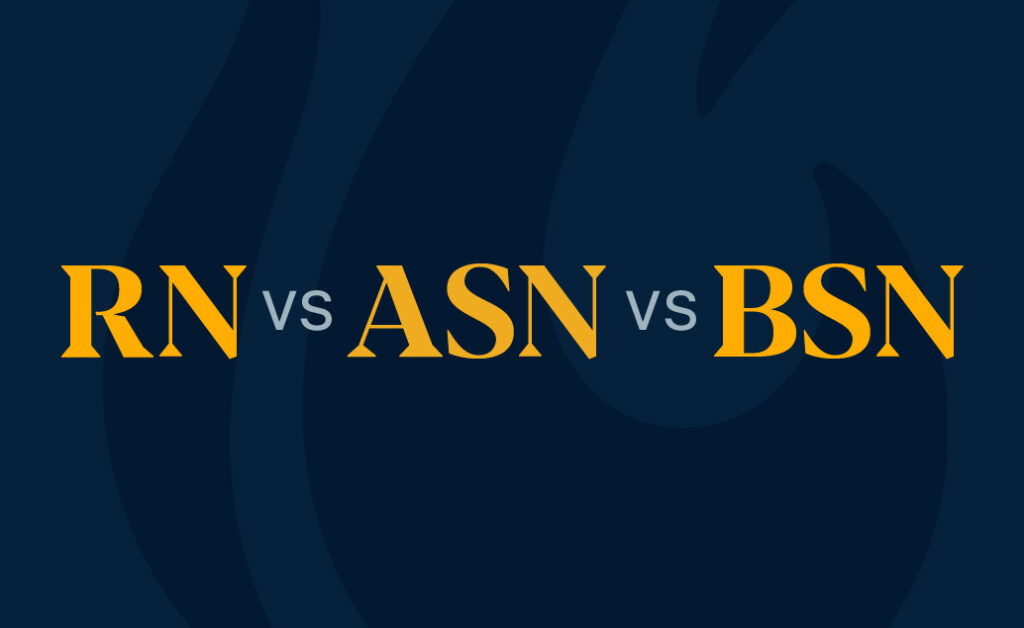 Graphic with a navy background that says RN (Registered nurse) vs ASN (associate of science in nursing) vs BSN (Bachelor of Science in Nursing) in yellow text