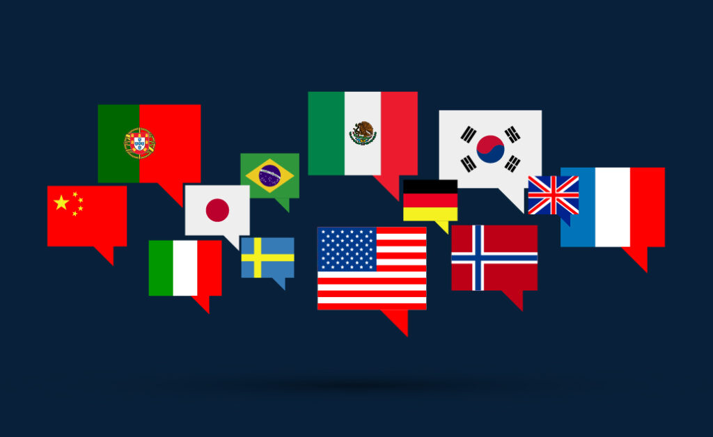 International flags in speech bubbles.