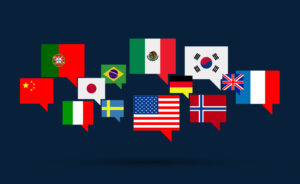 International flags in speech bubbles.