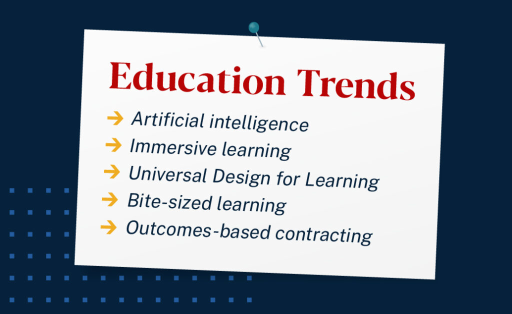 Graphic that says, "Education Trends: artificial intelligence, immersive learning, universal design for learning, bite-sized learning, outcomes-based contracting."