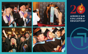 A diverse group celebrates American College of Education’s 20th anniversary with balloons and a banner.