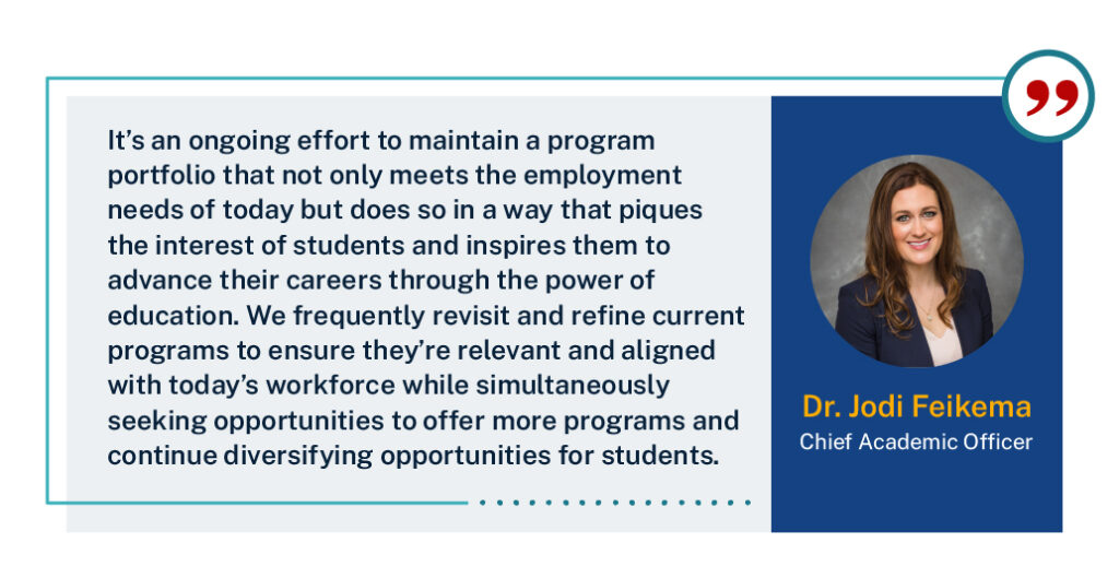 “It’s an ongoing effort to maintain a program portfolio that not only meets the employment needs of today but does so in a way that piques the interest of students and inspires them to advance their careers through the power of education,” ACE Chief Academic Officer Dr. Jodi Feikema said. “We frequently revisit and refine current programs to ensure they’re relevant and aligned with today’s workforce while simultaneously seeking opportunities to offer more programs and continue diversifying opportunities for students.”